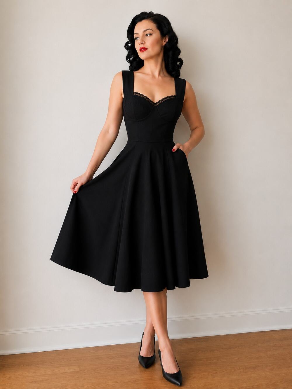 Stop Staring! Black Fit & Flare Midi Retro Pin Up Midi Dress Lace NWT Medium